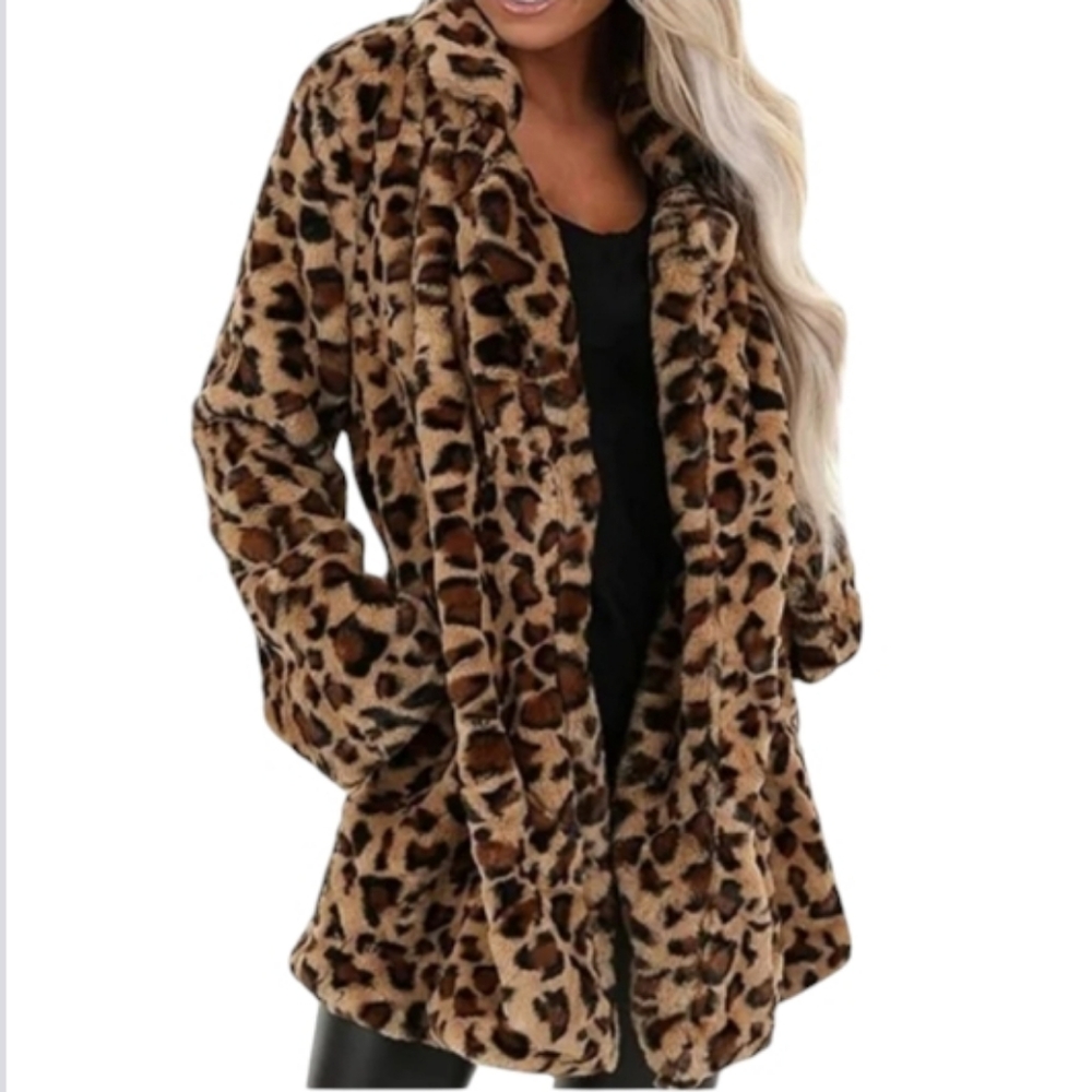 Lanshifei Faux fur/Fleece Glamorous leopard‎ print brown/Black Jacket Coat Sz M